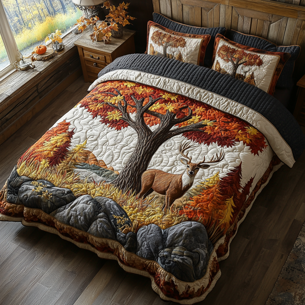 Deer Haven Autumn quilted 3-piece bedding set on a made bed with two matching pillow shams