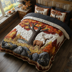 Deer Haven Autumn quilted 3-piece bedding set on a made bed with two matching pillow shams