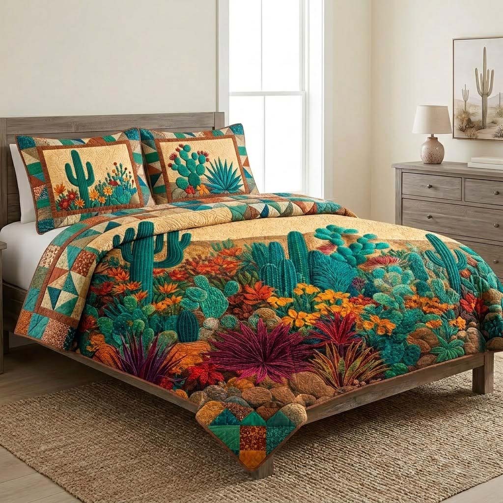 Desert Bloom Cactis quilted 3-piece bedding set on a made bed with two matching pillow shams