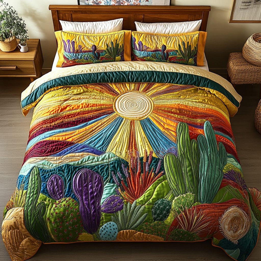 Desert Bloom Catus quilted 3-piece bedding set on a made bed with two matching pillow shams