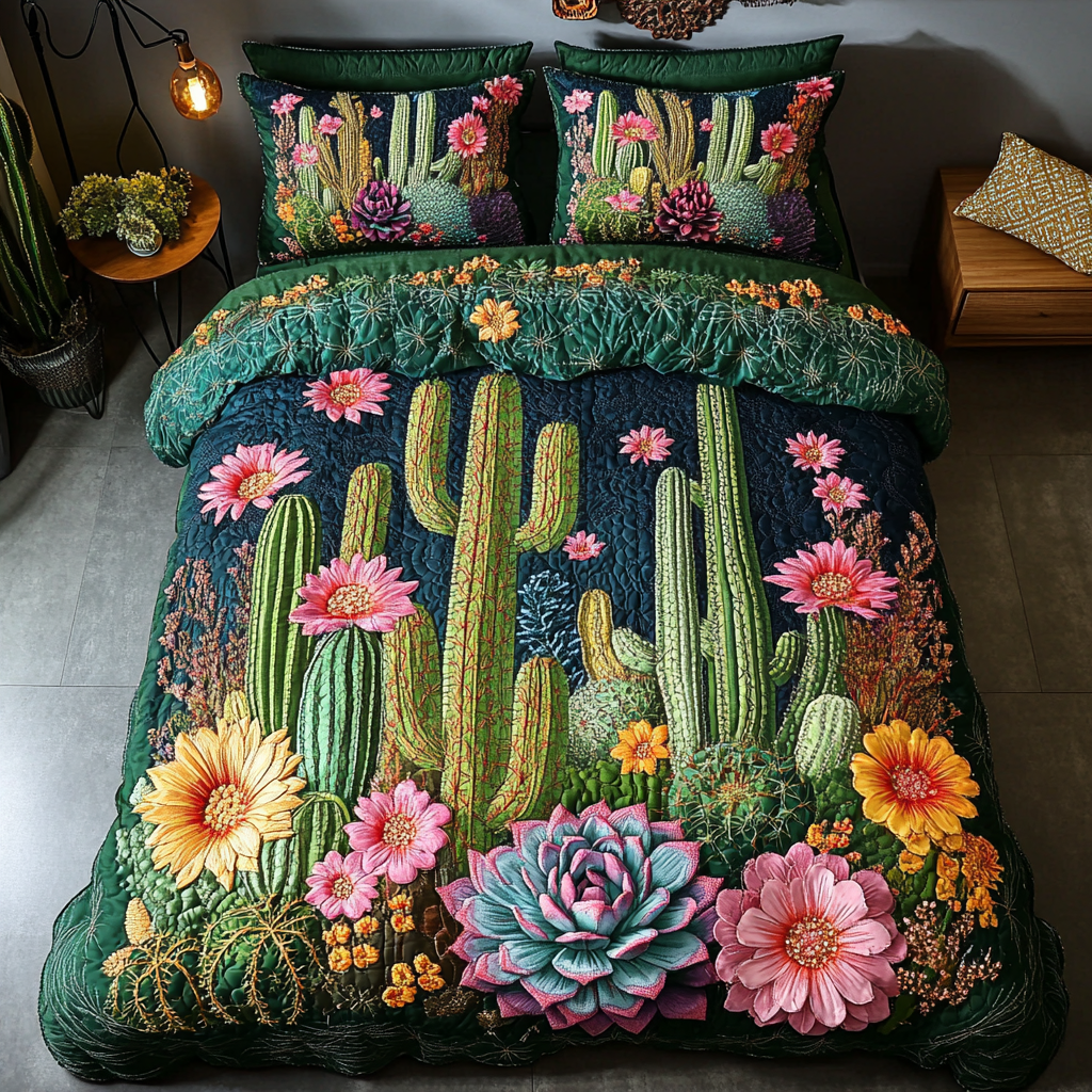 Desert Bloom Harmony quilted 3-piece bedding set on a made bed with two matching pillow shams
