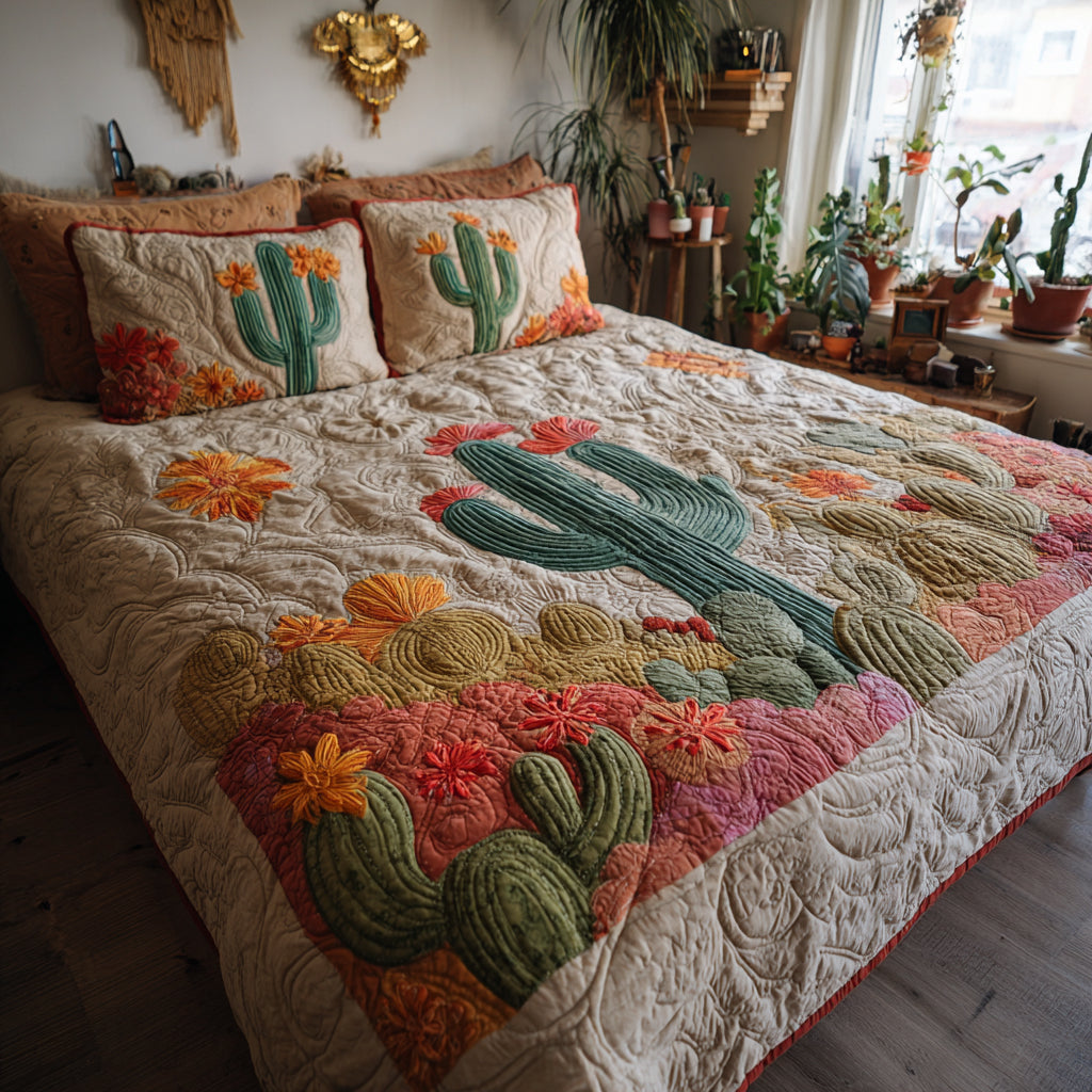 Desert Bloom Prickly Pear quilted 3-piece bedding set on a made bed with two matching pillow shams