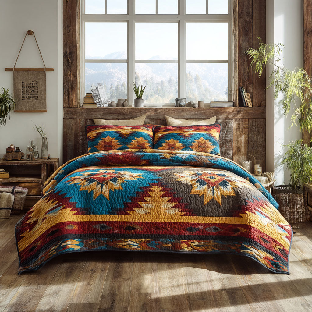 Desert Bloom Southwest quilted 3-piece bedding set on a made bed with two matching pillow shams
