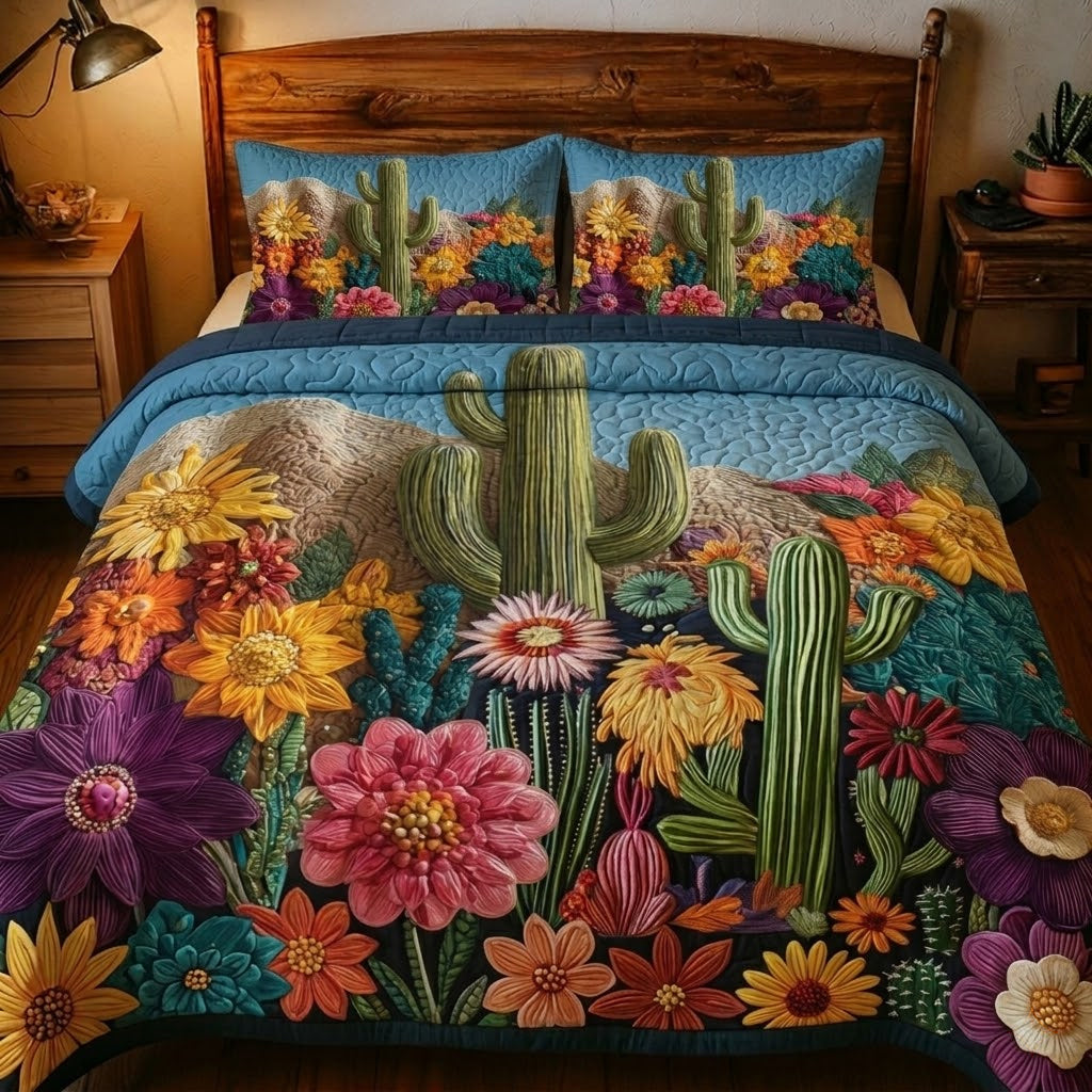 Desert Botanical quilted 3-piece bedding set on a made bed with two matching pillow shams