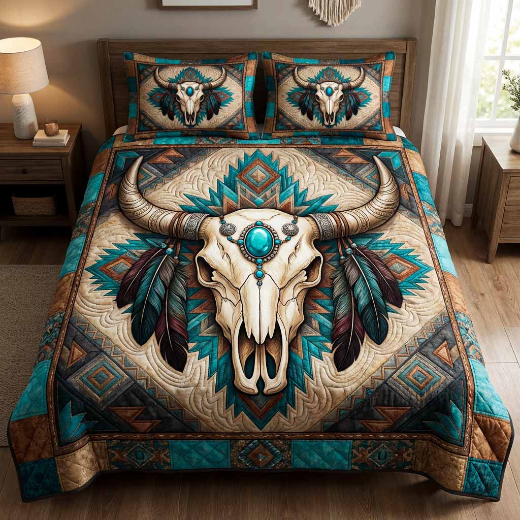 Desert Crown quilted 3-piece bedding set on a made bed with two matching pillow shams
