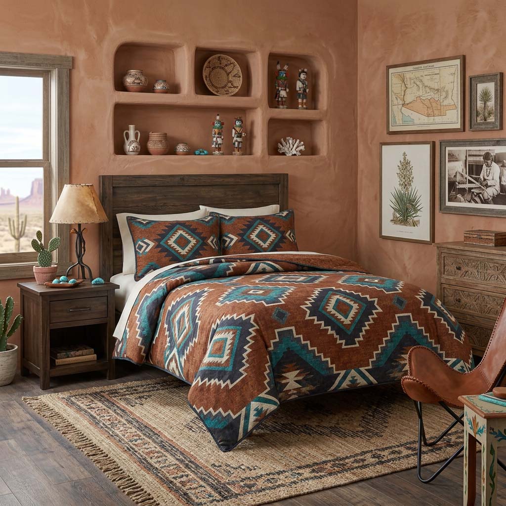 Desert Diamond Heritage quilted 3-piece bedding set on a made bed with two matching pillow shams