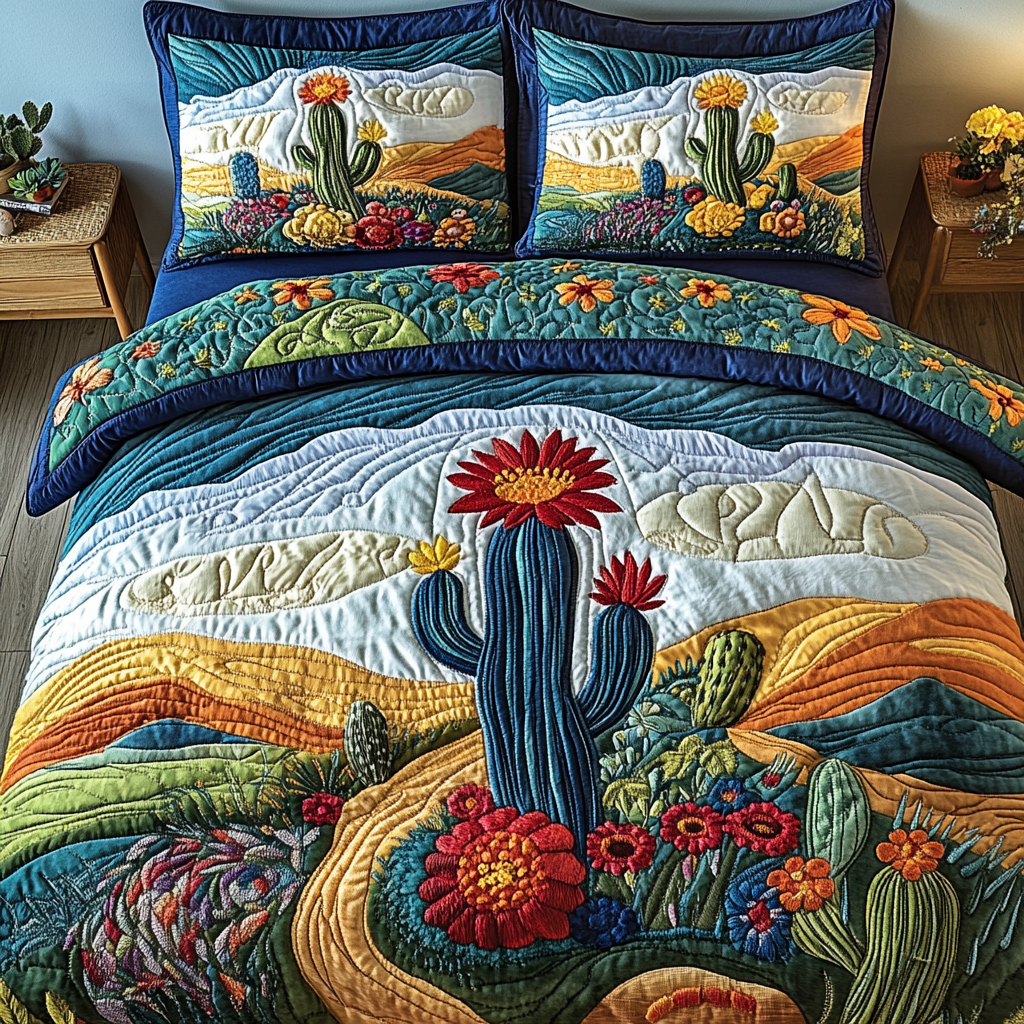 Desert Dreams Cacti quilted 3-piece bedding set on a made bed with two matching pillow shams