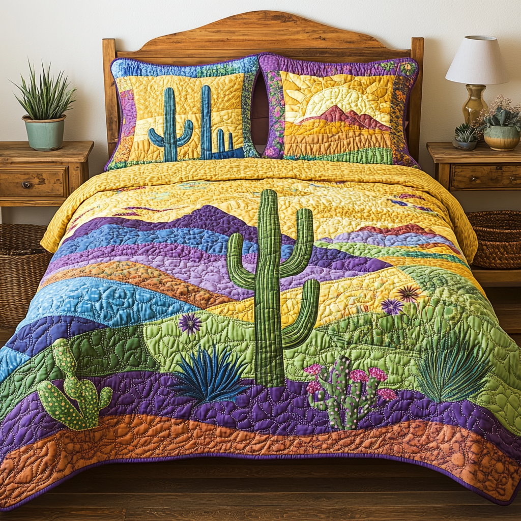 Desert Dreamscape quilted 3-piece bedding set on a made bed with two matching pillow shams