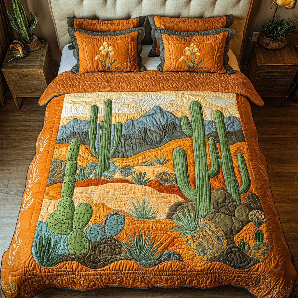 Desert Elegance Cactus quilted 3-piece bedding set on a made bed with two matching pillow shams