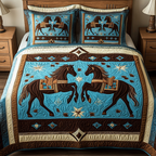Desert Galloping Grace Southwest quilted 3-piece bedding set on a made bed with two matching pillow shams
