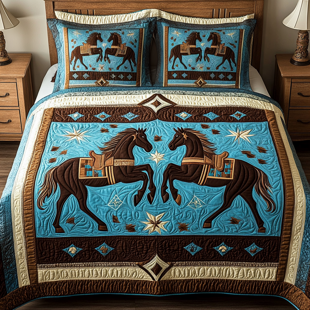 Desert Galloping Grace Southwest quilted 3-piece bedding set on a made bed with two matching pillow shams