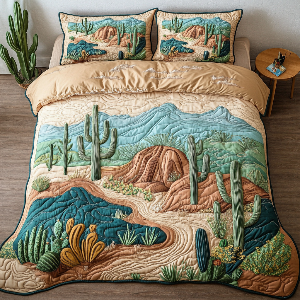Desert Glow quilted 3-piece bedding set on a made bed with two matching pillow shams