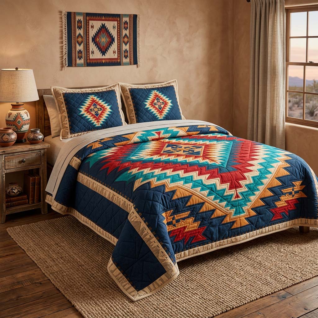 Desert Heritage quilted 3-piece bedding set on a made bed with two matching pillow shams
