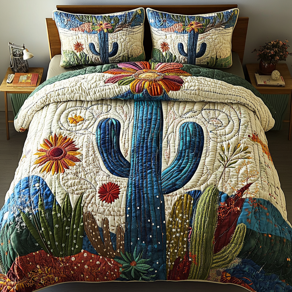 Desert Jewel Cacti quilted 3-piece bedding set on a made bed with two matching pillow shams