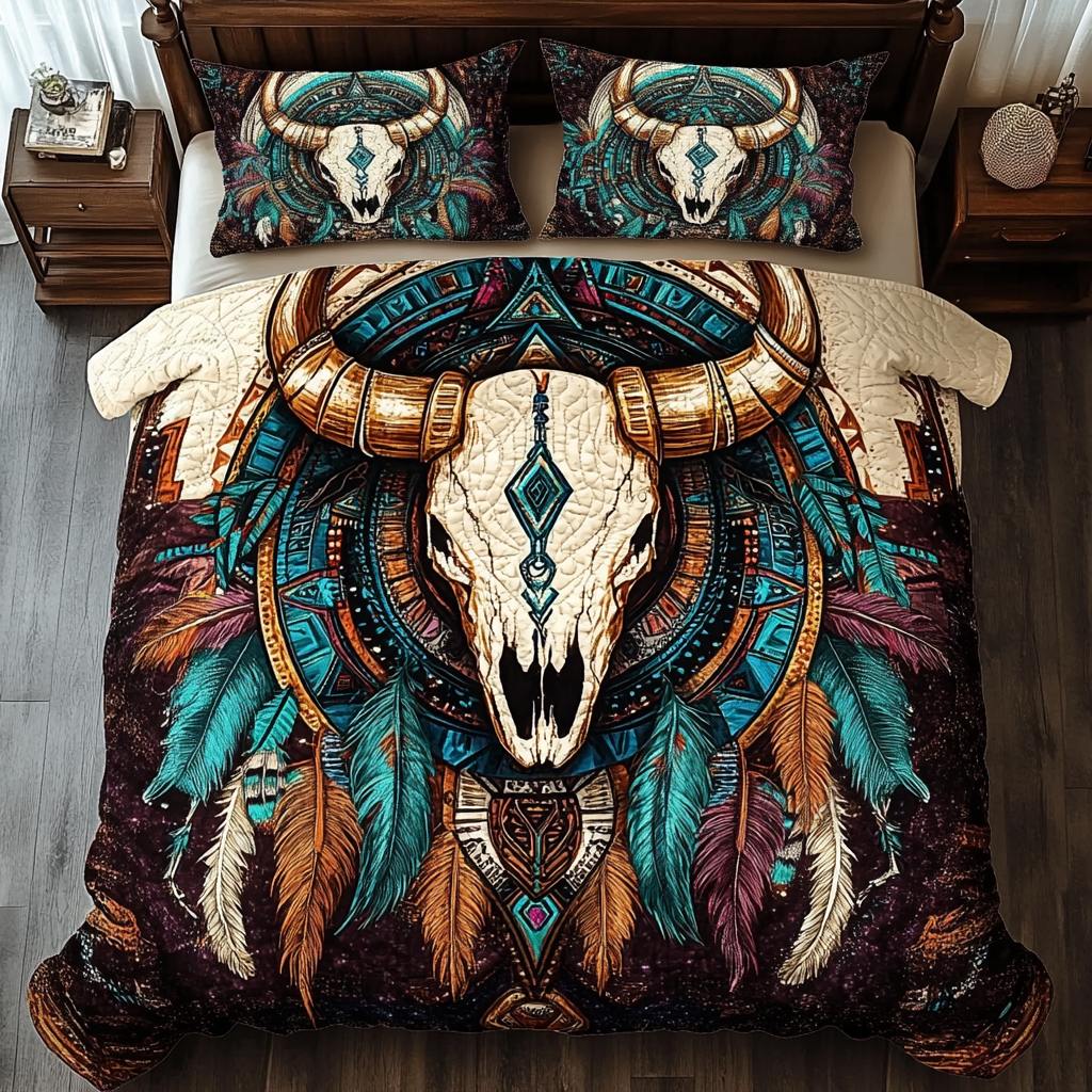 Desert Legacy Bison quilted 3-piece bedding set on a made bed with two matching pillow shams