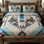 Desert Longhorn Southwest quilted 3-piece bedding set on a made bed with two matching pillow shams