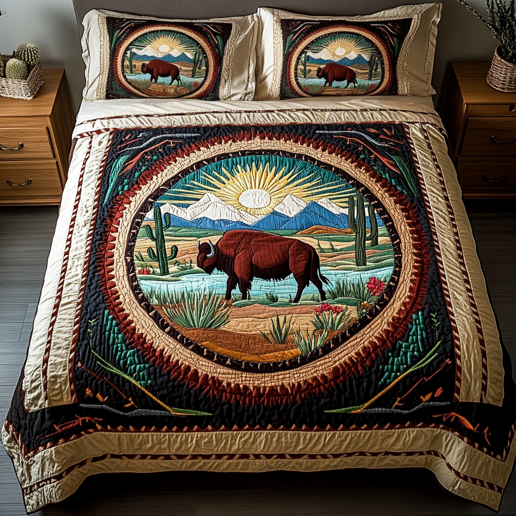 Desert Majesty Bison quilted 3-piece bedding set on a made bed with two matching pillow shams