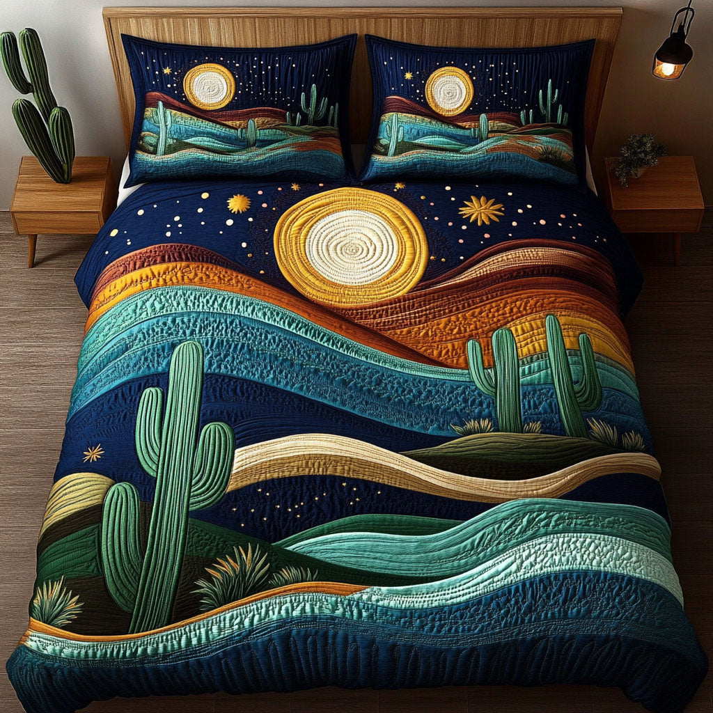 Desert Night quilted 3-piece bedding set on a made bed with two matching pillow shams