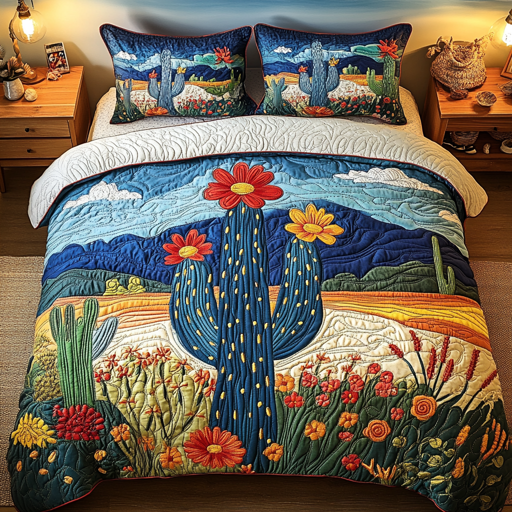 Desert Oasis Cacti quilted 3-piece bedding set on a made bed with two matching pillow shams