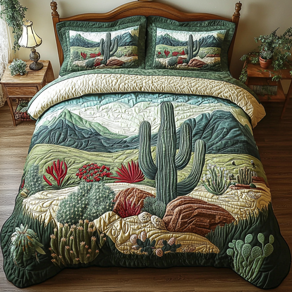 Desert Oasis Cactus quilted 3-piece bedding set on a made bed with two matching pillow shams