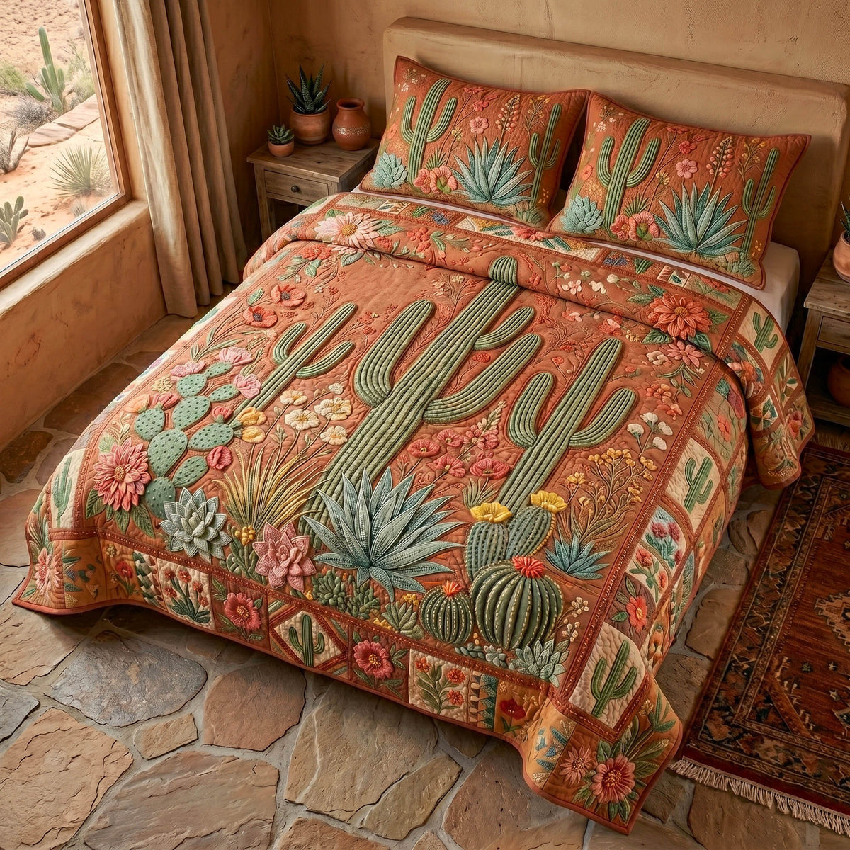 Desert Patch Cactus quilted 3-piece bedding set on a made bed with two matching pillow shams