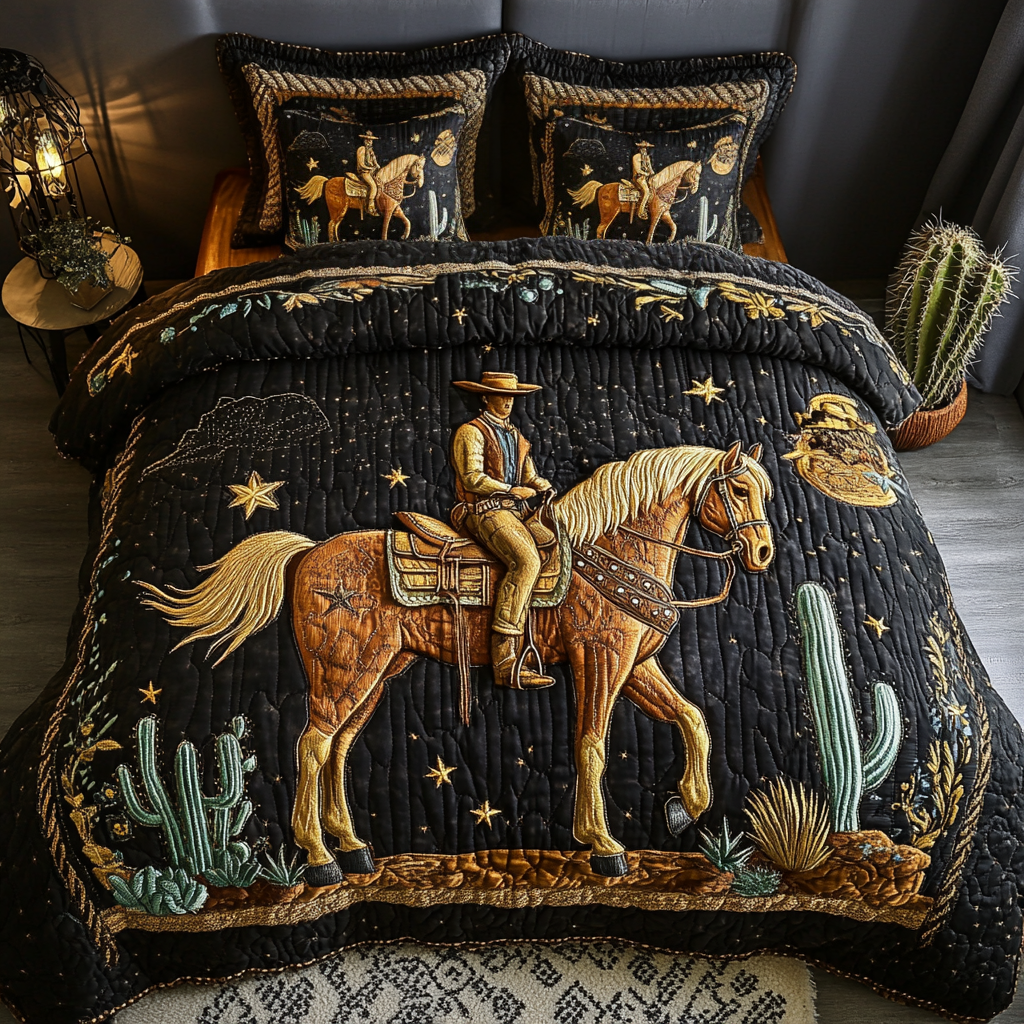 Desert Rider quilted 3-piece bedding set on a made bed with two matching pillow shams