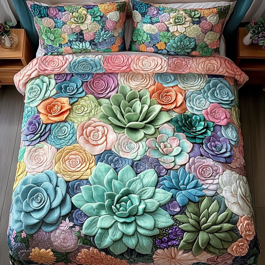 Desert Rose Bedspread quilted 3-piece bedding set on a made bed with two matching pillow shams