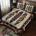 Desert Sacred Geometry Southwest quilted 3-piece bedding set on a made bed with two matching pillow shams