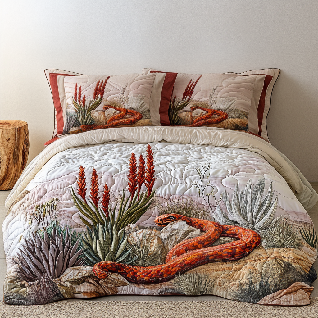 Desert Serpent quilted 3-piece bedding set on a made bed with two matching pillow shams