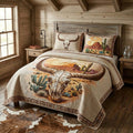 Desert Skull Texas quilted 3-piece bedding set on a made bed with two matching pillow shams