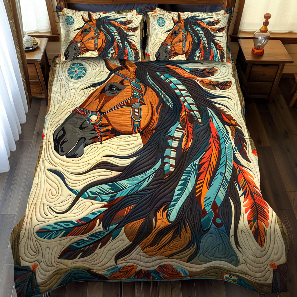 Desert Southwest Horse quilted 3-piece bedding set on a made bed with two matching pillow shams