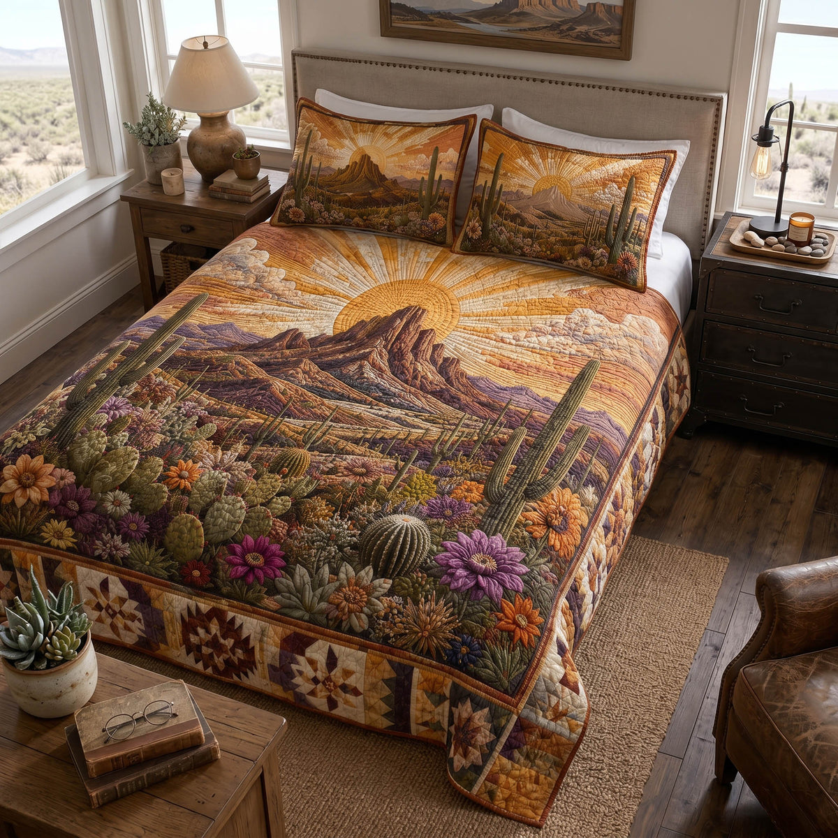 Desert Spirit Cowboy quilted 3-piece bedding set on a made bed with two matching pillow shams