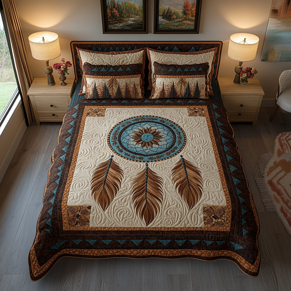 Desert Spirit Mandala quilted 3-piece bedding set on a made bed with two matching pillow shams