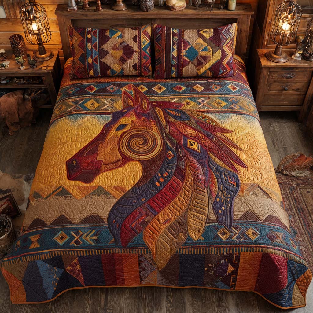 Desert Stallion quilted 3-piece bedding set on a made bed with two matching pillow shams