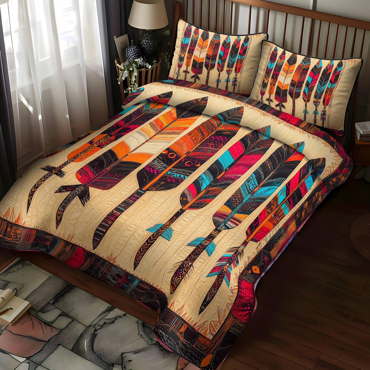 Desert Starburst quilted 3-piece bedding set on a made bed with two matching pillow shams