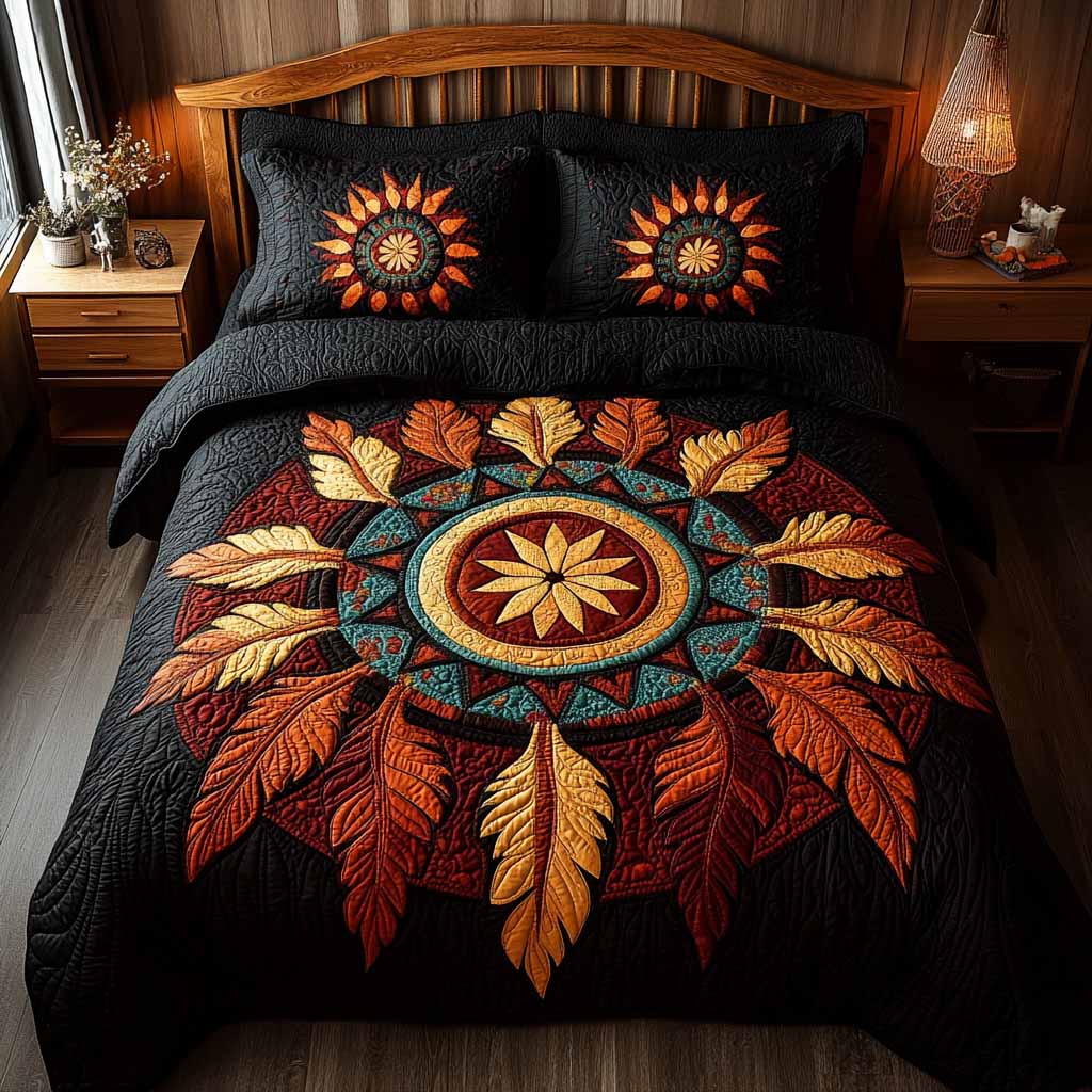 Desert Sun Reverie quilted 3-piece bedding set on a made bed with two matching pillow shams