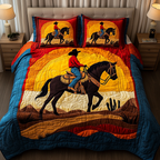 Desert Trail Bedspread quilted 3-piece bedding set on a made bed with two matching pillow shams