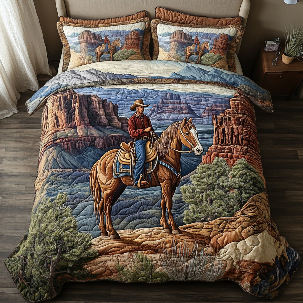 Desert Trail Cowboy quilted 3-piece bedding set on a made bed with two matching pillow shams