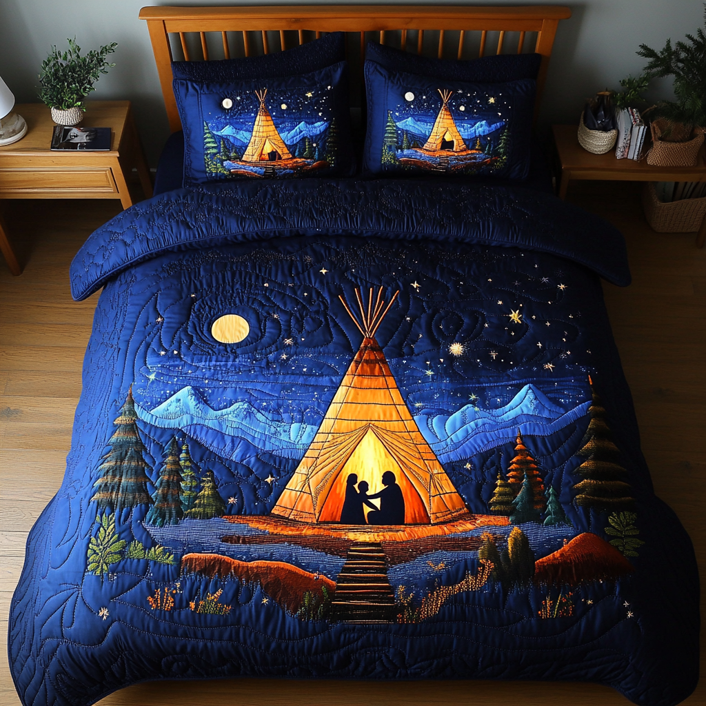 Desert Tribal Echoes Southwest quilted 3-piece bedding set on a made bed with two matching pillow shams