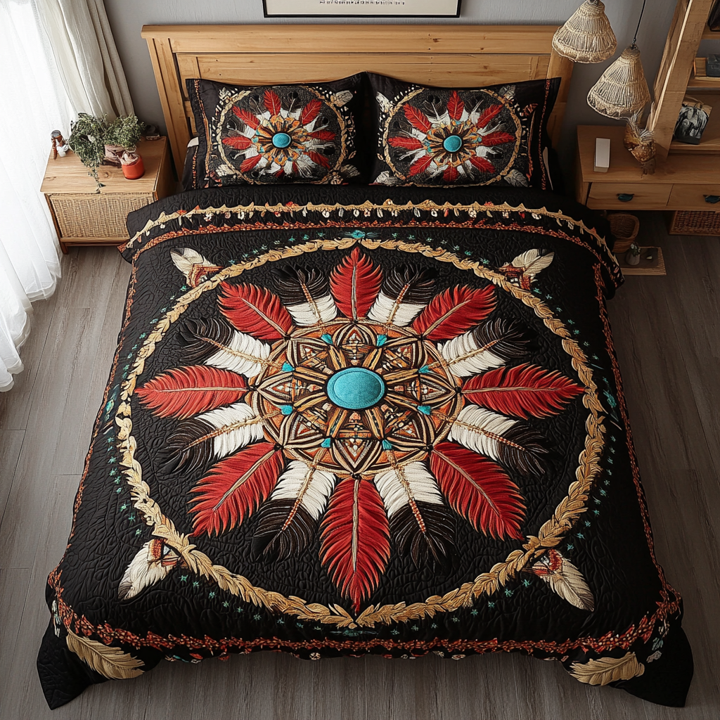 Desert Tribal Harmony Southwest quilted 3-piece bedding set on a made bed with two matching pillow shams