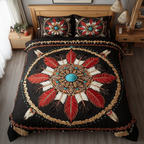 Desert Tribal Harmony Southwest quilted 3-piece bedding set on a made bed with two matching pillow shams