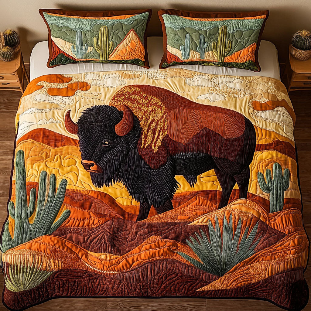 Desert Wanderer Bison quilted 3-piece bedding set on a made bed with two matching pillow shams