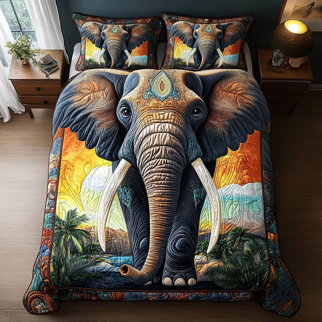 Desert Wanderer Elephant quilted 3-piece bedding set on a made bed with two matching pillow shams