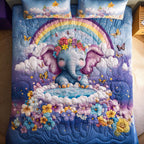 Divine Elephant quilted 3-piece bedding set on a made bed with two matching pillow shams