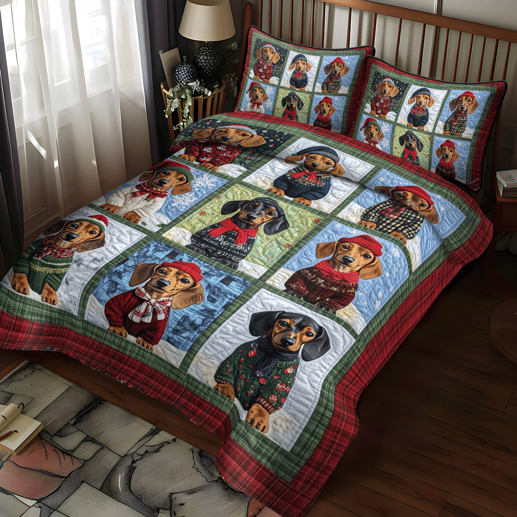 Doxie Winter Wishes quilted 3-piece bedding set on a made bed with two matching pillow shams