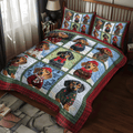 Doxie Winter Wishes quilted 3-piece bedding set on a made bed with two matching pillow shams