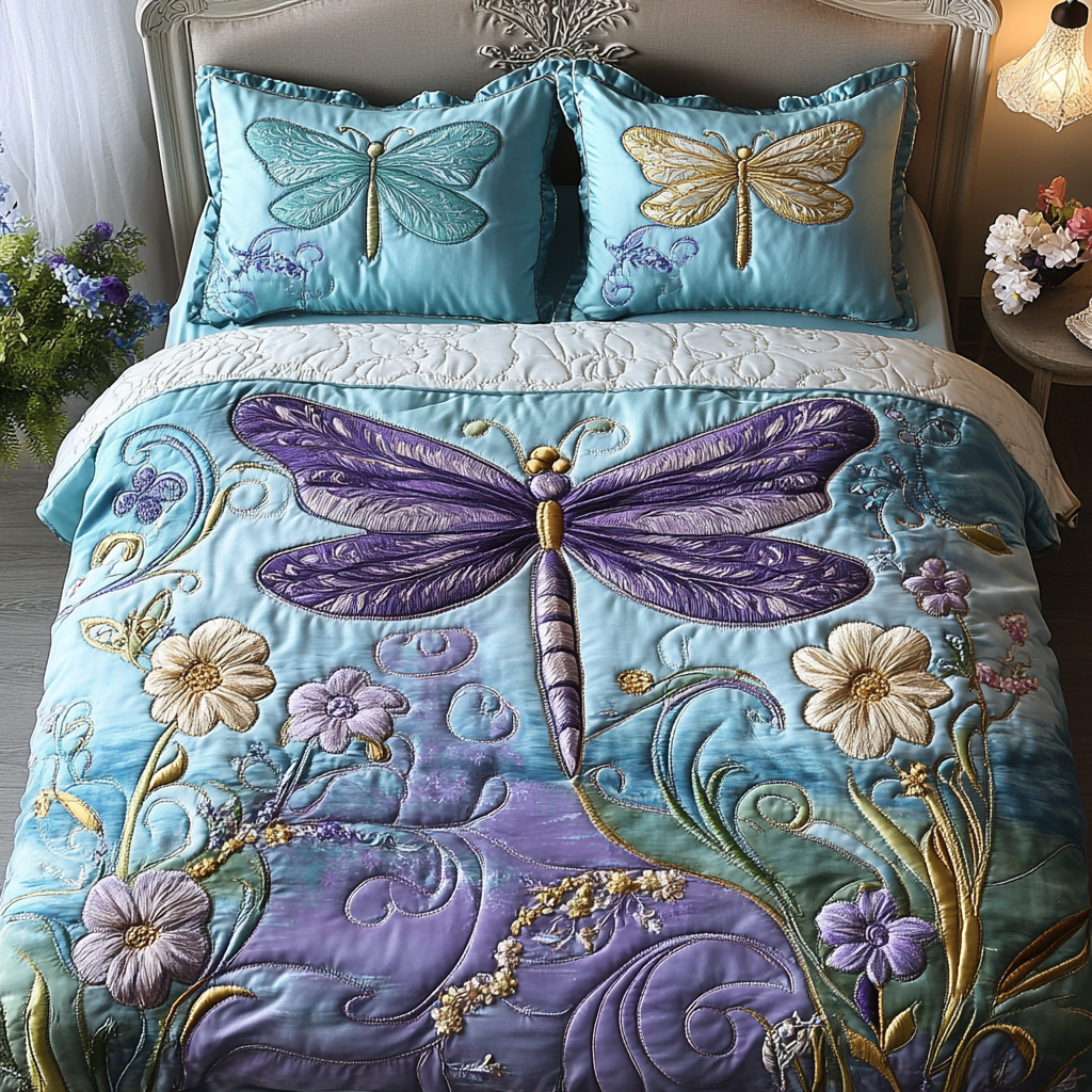 Dragon Bloom Bedspread quilted 3-piece bedding set on a made bed with two matching pillow shams