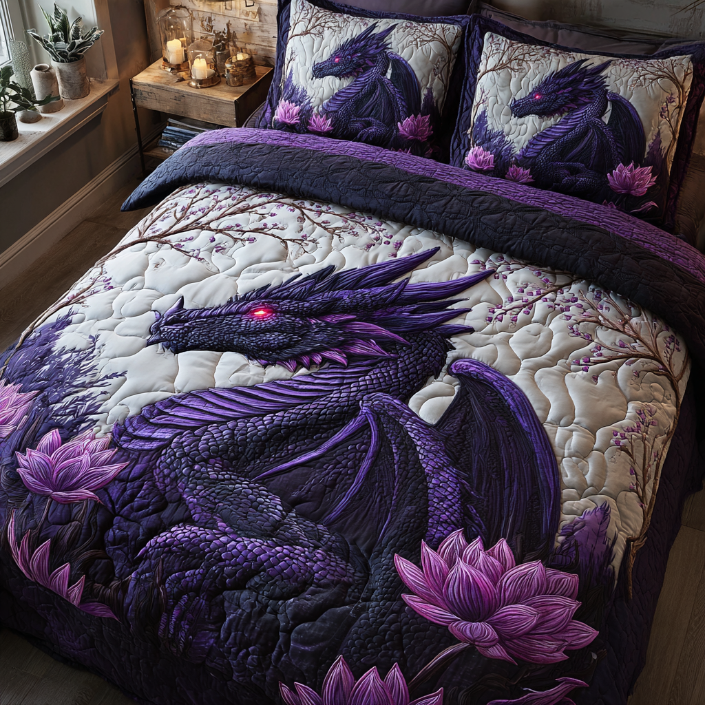 Dragon Heart Animal quilted 3-piece bedding set on a made bed with two matching pillow shams