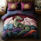 Dragon Myth quilted 3-piece bedding set on a made bed with two matching pillow shams