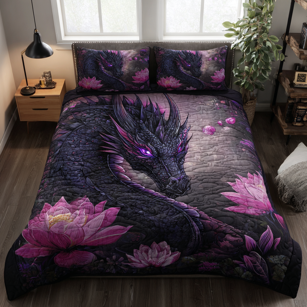 Dragon Wings Bedspread quilted 3-piece bedding set on a made bed with two matching pillow shams